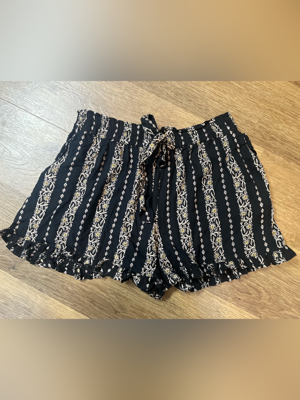 Angie Black Floral Stripe Ruffle Hem Shorts